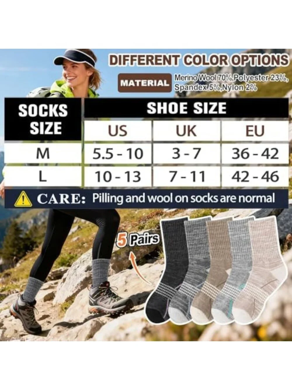 Cozy Merino Wool Hiking Socks - Thermal, Cushioned Sole, Moisture-Wicking, 5